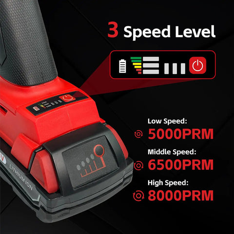Cordless Angle Grinder Compatible With M18 18V Battery showing 3 speed levels, 5000RPM, 6500RPM, 8000RPM settings visible