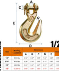 Tough As Nails Half Inch Tow Chain Clevis Grab Hook Two Pack G Seventy Forged Steel With Twelve K Working Load Limit side view with dimensions.