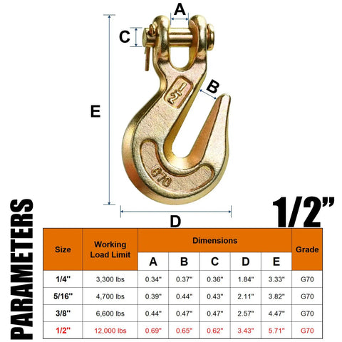 Tough As Nails Half Inch Tow Chain Clevis Grab Hook Two Pack G Seventy Forged Steel With Twelve K Working Load Limit side view with dimensions.