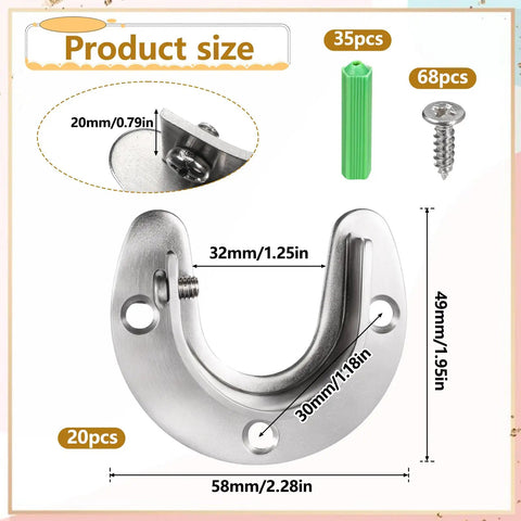 Beefy Heavy Duty Stainless Steel Closet Pole Sockets 20 Pack For 1-1/4 Inch Closet Rods U Shaped Rod Holders With Screws Wall Anchors End Caps Durable Curtain Rod Brackets For Closets And Wardrobes. size diagram