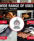 ProAccurate Oven Thermometer With 2 Inch Dial, Stainless Steel Housing in ovens and air fryer for temperature monitoring.