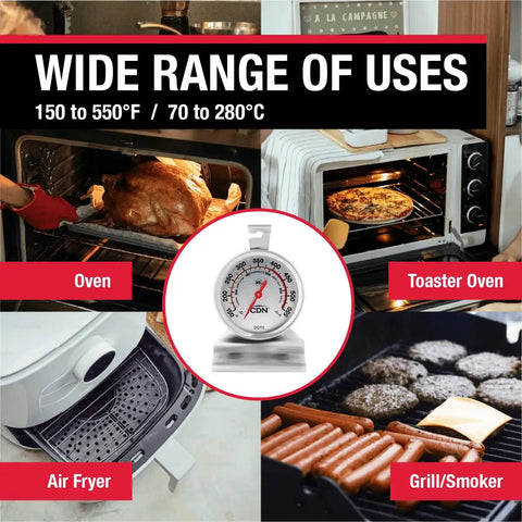 ProAccurate Oven Thermometer With 2 Inch Dial, Stainless Steel Housing in ovens and air fryer for temperature monitoring.