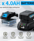 Cordless Heat Gun Kit With 1022 Degrees Fahrenheit Hot Air, Two 4.0Ah Batteries, battery charger and protection features displayed
