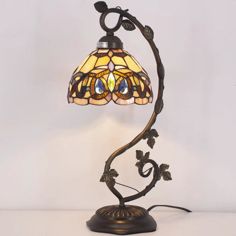 Tiffany Style Stained Glass Table Lamp With Bronze Metal Leaf Base, 21 Inch Tall, 8 Inch Shade, Elegant Victorian Desk Reading Light