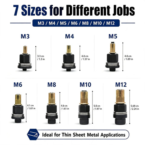 Heavy Duty Manual Head Rivet Nut Tool Kit With 7 Quick Change Heads For M3 To M12 Fastening And 70 Brass Threaded Inserts For Auto Body Work, M3-M12 heads