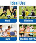 Sports first aid kit collage with four scenes: field soccer, sidelines bench, gym basketball, and outdoor runners.