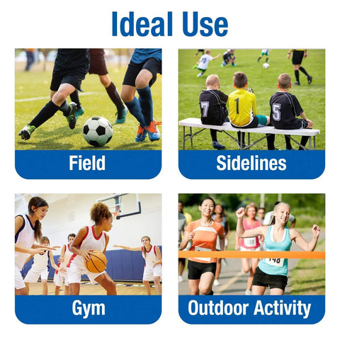 Sports first aid kit collage with four scenes: field soccer, sidelines bench, gym basketball, and outdoor runners.