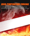 High-Temperature Forging process enhancing blade strength and finish, flames and smoke in background.