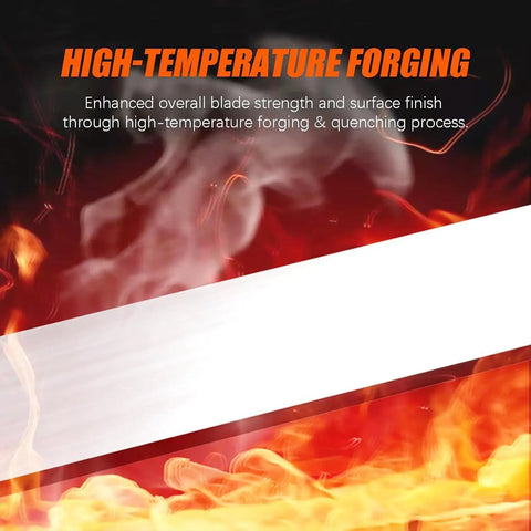 High-Temperature Forging process enhancing blade strength and finish, flames and smoke in background.