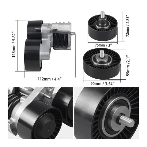 Top Grade Drive Belt Pulley Tensioner Kit For N55 Engine With Bolt, detailed view with sizes 148mm x 112mm, steel pulleys for BMW E90.