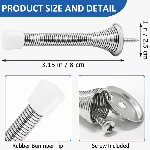 36 Pack Spring Door Stopper Set with Rubber Bumper Tips for Wall and Bottom of Door, brushed satin nickel showing size and details