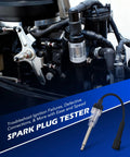 Orion Motor Tech cylinder leak-down tester kit with dual gauges and spark plug tester adapters on an engine