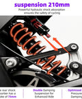 Close-up of hydraulic suspension system on Kickass Powerful 8000W Peak 72V Electric Dirt Bike For Adults, showcasing 210mm travel and 75mm stroke.