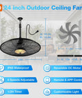 Outdoor Ceiling Fan With Light For Patios And Pergolas 24 Inch Black IP65 Waterproof Gazebo Fan With Remote And App