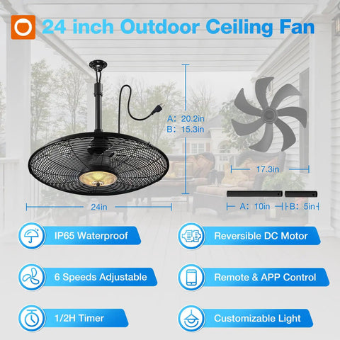 Outdoor Ceiling Fan With Light For Patios And Pergolas 24 Inch Black IP65 Waterproof Gazebo Fan With Remote And App