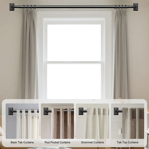 Heavy Duty Black Curtain Rods 2 Pack Wrap Around Style for 28 to 48 Inch Windows with various curtains styles
