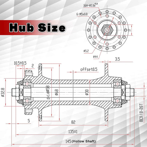 Detailed hub size diagram for 26X4.0 Fat Tire Front Wheel For Mountain Bike With 135mm Hub And 9mm Quick Release