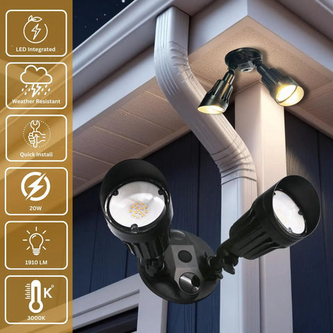 Led Black Two Light Bullet Flood Light 3000K Adjustable Dual Head Outdoor Security Spotlight Hardwired Waterproof