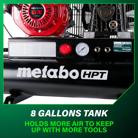 Gas Powered Wheeled Air Compressor, With 8 Gallon Tank, 116 To 145 PSI, Honda GX Engine, front view of tank and controls