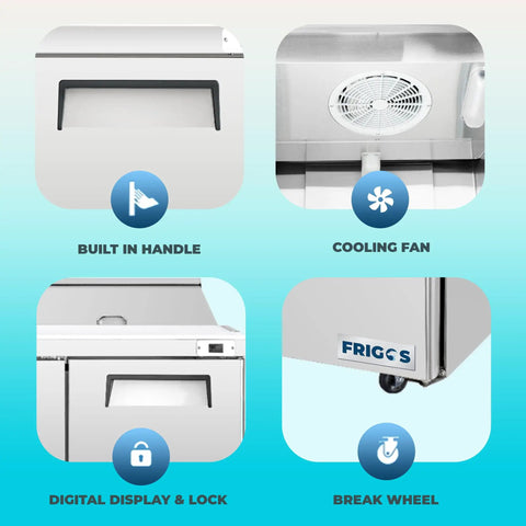 Features of Heavy Duty Workhorse 60 Inch Commercial Refrigerated Sandwich Prep Table: built-in handle, cooling fan, digital display, break wheel.
