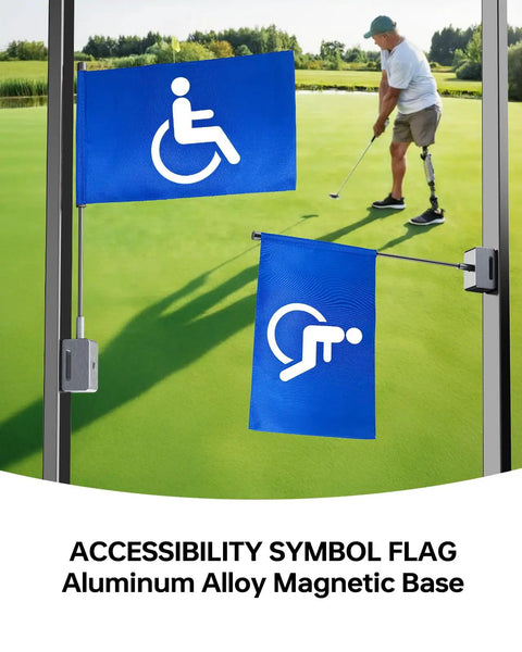 Magnetic Golf Cart Flag With Aluminum Base 9x6 Inch Handicap Flag Dual Mounting Positions For Flexible Use Stable Magnetic Hold On Metal Surfaces Ideal Gift For Any Golf Junkie shown on golf cart door.