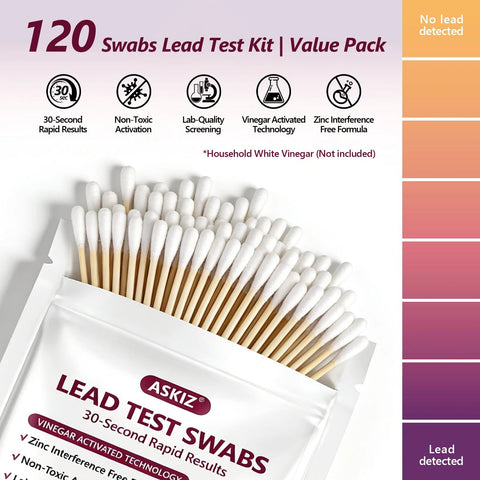 Front view of ASKIZ 120 Swabs Lead Test Kit with fanned white cotton swabs in packaging