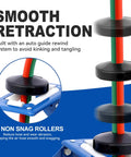 Retractable Welding Hose Reel With One Quarter Inch By One Hundred Foot Twin Oxygen And Acetylene Rubber Hoses Heavy Duty Industrial Standard Duty 200 PSI Single Arm Construction featuring smooth retraction and non-snag rollers.