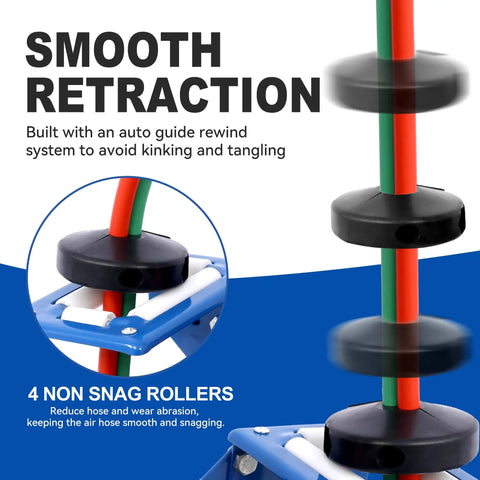 Retractable Welding Hose Reel With One Quarter Inch By One Hundred Foot Twin Oxygen And Acetylene Rubber Hoses Heavy Duty Industrial Standard Duty 200 PSI Single Arm Construction featuring smooth retraction and non-snag rollers.
