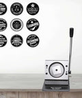 3 Inch Badge Button Maker Die Cutter with heavy duty metal base and sharp steel blade, shown with circle graphics and lever handle
