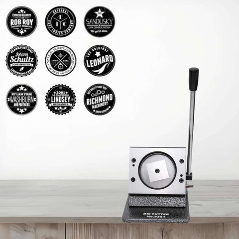 3 Inch Badge Button Maker Die Cutter with heavy duty metal base and sharp steel blade, shown with circle graphics and lever handle