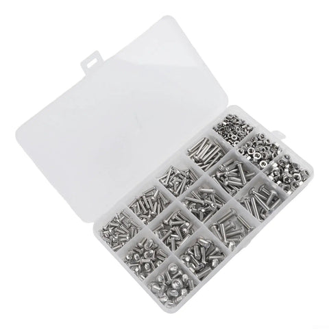 Open case showing M3 304 Stainless Hex Socket Head Cap Screws And Nuts Kit, 150 Pcs Each, Grade 8.8, arranged in compartments