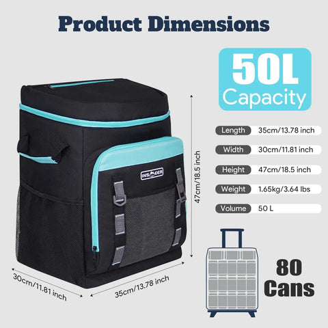 Rolling Cooler With Wheels And Handle, 50L Capacity For 80 Cans, Portable Insulated PEVA Cooler, Leakproof And Durable, Black