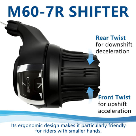 3x7 Speed Twist Shifter Lever Set For Mountain Bikes 21 Speed Shifter With Non Slip Rubber Grips showcased with twist directions