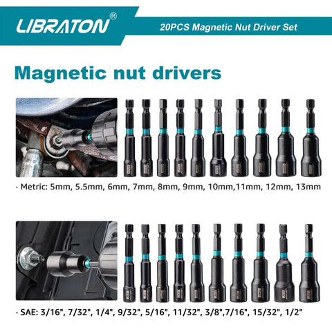 Magnetic Nut Driver Set 20 Piece For Impact Drills Metric And SAE Nut Drivers With Steel Bits and Sizes Displayed