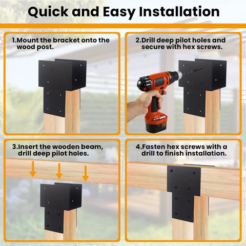 Heavy Duty 4x4 Post Cap Tie Brackets For Wood Posts To Beams Black Steel Connectors Real 3.5x3.5 Size Weatherproof Powder Coated Finish Tough As Nails Ideal For Gazebo Deck And Patio Post To Beam Support