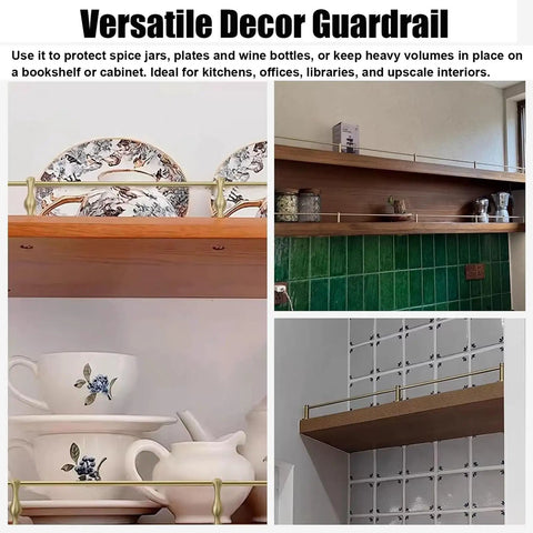 Straight Up Heavy Duty Shelf Guard Rails Four Pack With Rust Resistant Aluminum Posts and Sturdy Tipping Spindles for Zero Fuss Organization on Any Standard Wooden Bookshelf or Desk Rail with plates and jars.