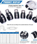 136 Piece Cable Clamps Kit in 304 Stainless Steel With Rubber Cushioned Grip, 10 Sizes From One Quarter Inch To One And Three Quarters Inch, Includes Screws, Rustproof Waterproof Oil Resistant for Automotive Wiring And Pipe Clamps - product display showing dimensions and materials.