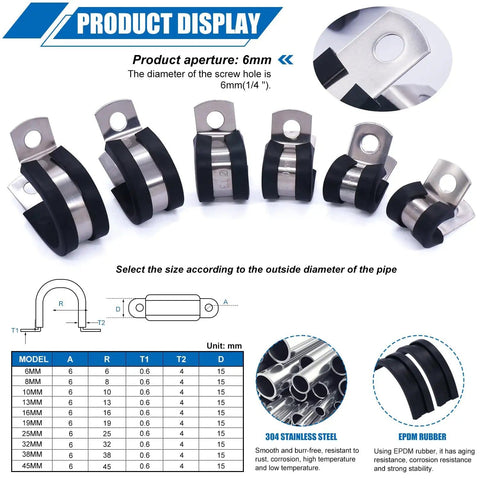 136 Piece Cable Clamps Kit in 304 Stainless Steel With Rubber Cushioned Grip, 10 Sizes From One Quarter Inch To One And Three Quarters Inch, Includes Screws, Rustproof Waterproof Oil Resistant for Automotive Wiring And Pipe Clamps - product display showing dimensions and materials.