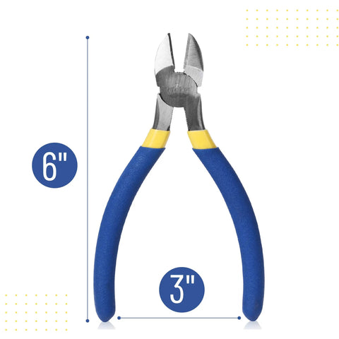 6 Inch Diagonal And Flush Cutting Pliers With Side Cutters For Wire And Floral Work, angled head, blue handle grips.