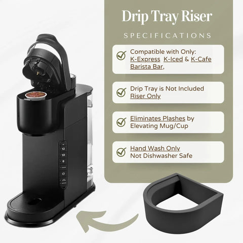 Riser Insert For Keurig K-Express K-Iced And K-Cafe Barista Bar Coffee Makers, shown next to specifications, black, 1.7 inch tall.