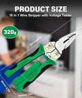 Close-up of Heavy Duty 18 In 1 Wire Stripper Tool With Voltage Tester and Crimper showing size dimensions and green handle.