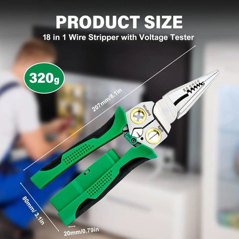 Close-up of Heavy Duty 18 In 1 Wire Stripper Tool With Voltage Tester and Crimper showing size dimensions and green handle.