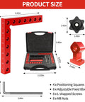 Heavy Duty Corner Clamps For Woodworking, 4 Pack 5.5 Inch Aluminum Right Angle Positioning Squares and accessories with sizes.