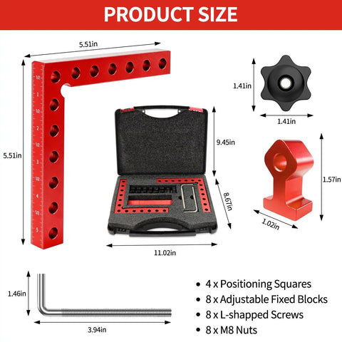 Heavy Duty Corner Clamps For Woodworking, 4 Pack 5.5 Inch Aluminum Right Angle Positioning Squares and accessories with sizes.