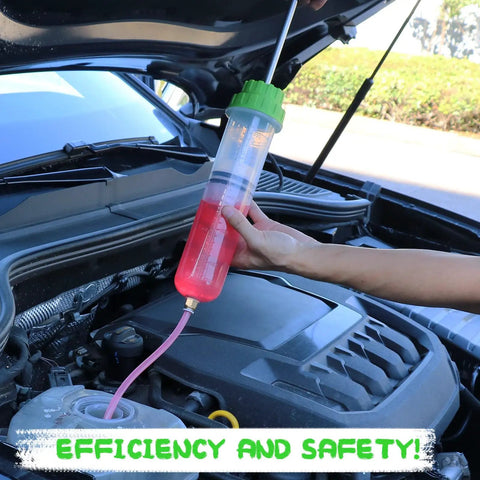 Heavy Duty 500cc Fluid Extractor and Fill Pump for Cars and Lawn Mowers in use under car hood showing red liquid extraction
