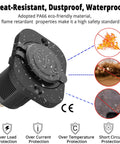 Dual USB 12V Marine Outlet With Switch, waterproof black car charger demonstrating heat, dust, and water resistance.