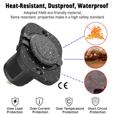 Dual USB 12V Marine Outlet With Switch, waterproof black car charger demonstrating heat, dust, and water resistance.