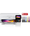 EcoTank Photo ET-8550 Wireless Wide-Format All-In-One Supertank Printer with ink bottles, front view with printed photo.