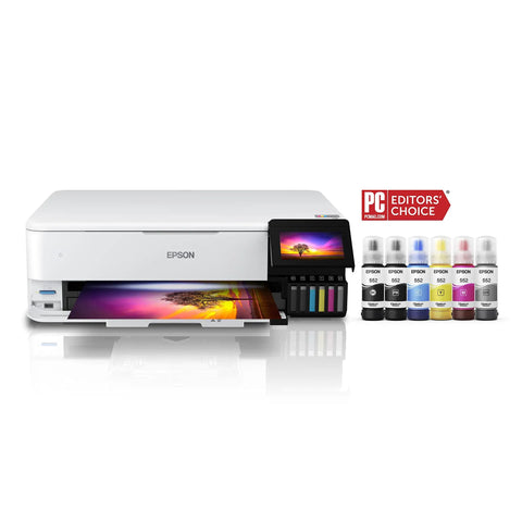 EcoTank Photo ET-8550 Wireless Wide-Format All-In-One Supertank Printer with ink bottles, front view with printed photo.