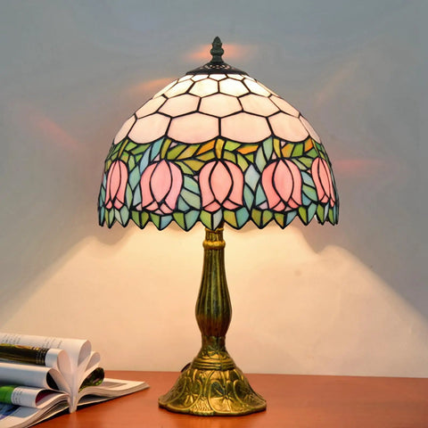 Cozy Pink Tulip Tiffany Style Stained Glass Table Lamp 12 Inch Wide 18 Inch High With Aluminum Base E26 Bulb Included Cord Switch
